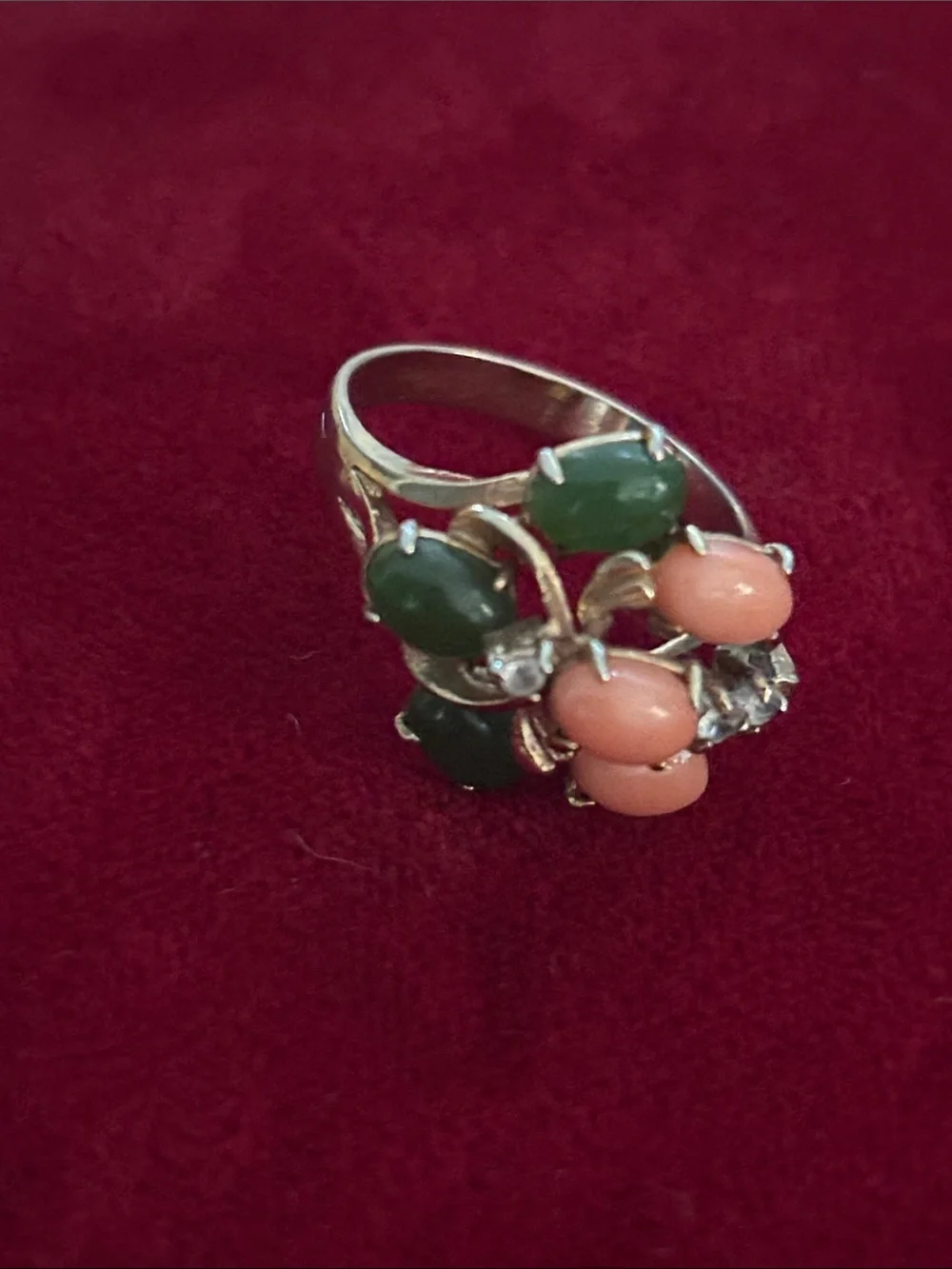 Jade and Coral vintage gold fill ring estimated size 6 with diamond chips